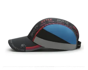 Side detail of quick-dry baseball cap with colorful patchwork and skating graphics