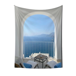 Detailed view of Mediterranean style tapestry with 3D sea view balcony design
