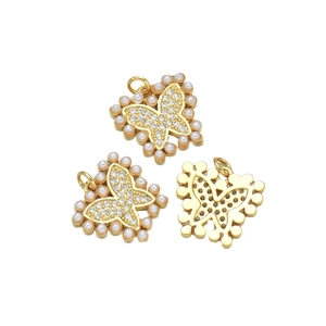 Golden butterfly pendants with micro-pave crystals and pearls for DIY jewelry making