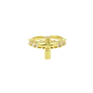 Macro detail of gold-plated cross ring featuring sparkling cubic zirconia stones