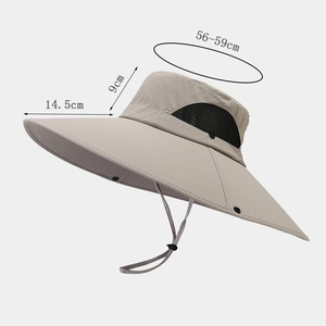 Cappello da sole kaki a tesa larga 14,5cm con inserti in rete e cordino antivento