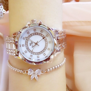 Close-up of BS Bee Sister silver watch with diamond bezel and bow bracelet set