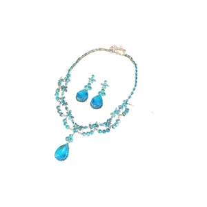 Parure bijoux vintage fleur en zircon avec collier et boucles d'oreilles cristal bleu ciel