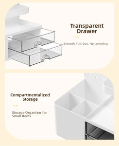 Detail showing two clear sliding drawers and partitioned top sections of a white desk organizer
