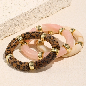 Acrylic Bamboo Joint Elastic Bracelet With Golden Metal Spacers Vintage Marble Leopard Print Geometric Bangle For Women