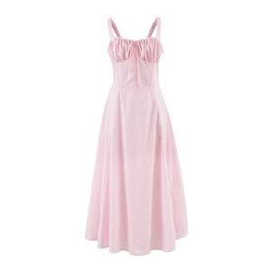 French vintage pink slim fit midi dress with thin straps and waist lace-up detail