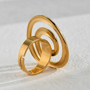 Minimalist gold titanium steel irregular hollow circle ring with layered 3D open design