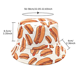 Bob blanc à motif hot-dog avec guide des tailles indiquant 56-58cm de tour de tête
