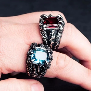 Gothic dragon claw rings with red and blue zircon stones in vintage silver finish