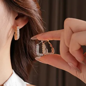 Chic silver needle square hoop earrings with micro-paved cubic zirconia in gold and silver