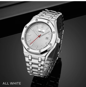 Silver stainless steel men's watch with octagonal bezel and white checkered dial