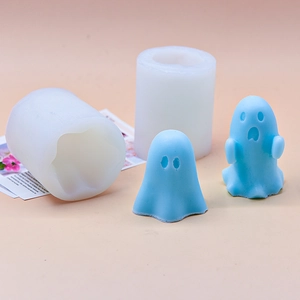 Ghost shaped silicone molds for handmade soap and baking with blue ghost figurines