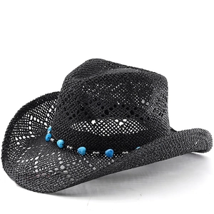 Western Cowboy Straw Hat Wide Brim Paper Hollow Breathable Sun Protection Boho Heart Bead Band Summer Beach Travel Unisex