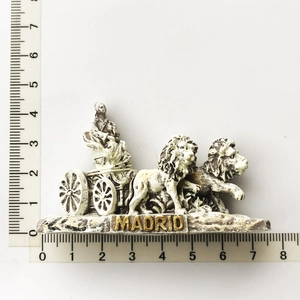 Detailed macro view of 3D resin Madrid Cibeles fountain magnet with 8cm size reference