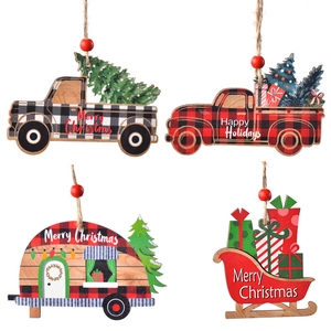 Set of 4 rustic wooden Christmas truck and sled ornaments with red beads and twine