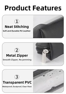 Detail of waterproof black PU and clear PVC makeup brush case with metal zipper