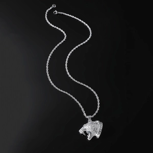 Silver hip hop leopard head pendant with rhinestones on a twist chain necklace