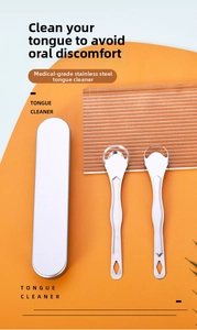 Raschietto per lingua in acciaio inossidabile pulitore orale per alito fresco e igiene.