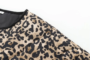 Detail of leopard print quilted jacket showing gourd stitching and black piping