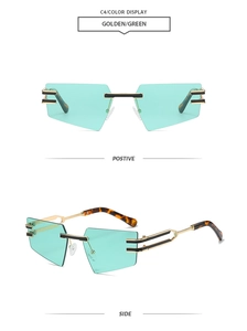 Detail view of rimless geometric sunglasses with light green cut-edge lenses and golden temples