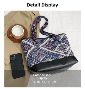 Detail view of ethnic jacquard tote bag with geometric patterns and PU leather base