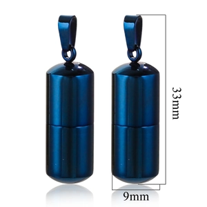 Blue pill capsule pendant detail with measurements showing 33mm height and 9mm diameter