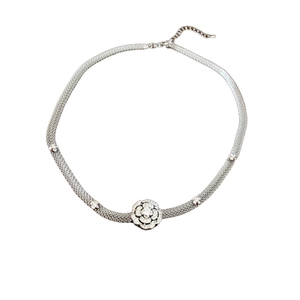 Vintage silver mesh choker necklace featuring a central zircon camellia flower pendant