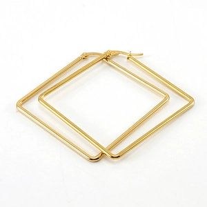 Polished gold square hoop earrings in minimalist titanium steel from a 45-degree angle