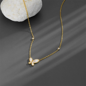 Elegant gold titanium steel butterfly necklace with white shell pendant and small zircons