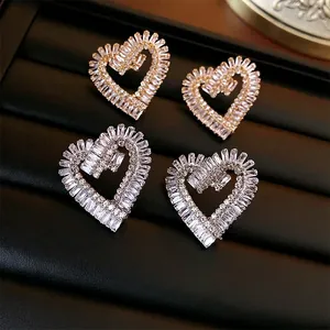 Heart Stud Earrings Hollow Zircon Paved Copper With Silver Earring Post Sparkly Elegant Luxury Fashion Jewelry For Women