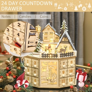 Wooden Christmas 24-day advent calendar with LED lights and miniature village scene