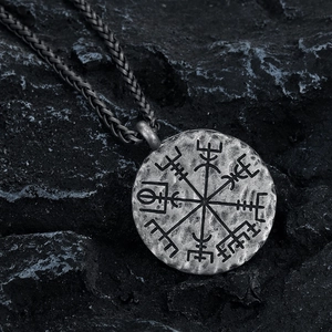 Nordic Viking Compass Pendant with Vegvisir runes on a heavy silver chain for men