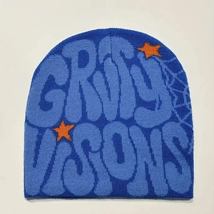 Dark blue knitted beanie featuring light blue GRIMY VISIONS jacquard text and orange stars