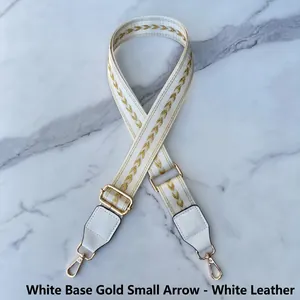 Adjustable wide replacement shoulder strap with white fabric and golden arrow embroidery
