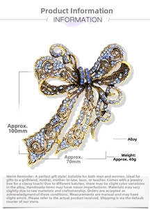 Macro shot of vintage golden alloy bow brooch featuring sky blue rhinestones and filigree