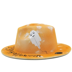 Chapeau fedora orange d'Halloween en laine avec motifs fantômes et bord Happy Halloween