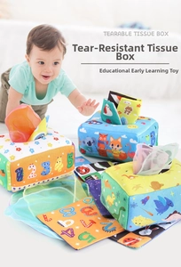 Baby sensory tissue box toy with colorful dinosaur patterns and crinkle fabrics for babies