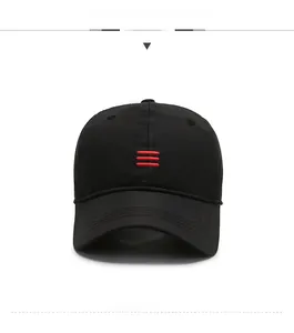 Detailed front view of black baseball cap with red triple line embroidery logo