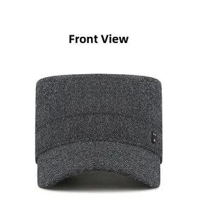 Front view of grey flat top winter hat showing knitted texture and sport logo