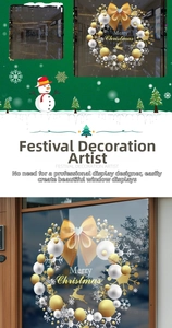 Detail of Christmas wreath window sticker with golden bows and reindeer for holiday decor