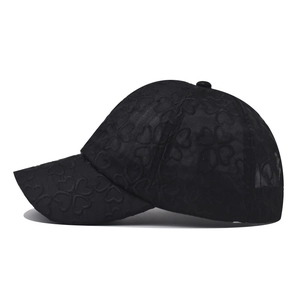Breathable black lace baseball cap with floral embroidery and mesh panel design