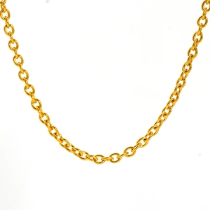 Minimalist gold titanium steel sweater chain with polished circular link design on white