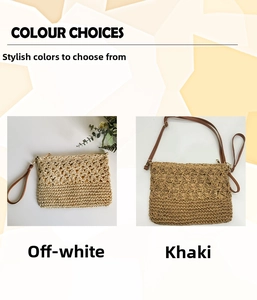 Detail of handmade straw crossbody bags in beige and khaki with leather straps