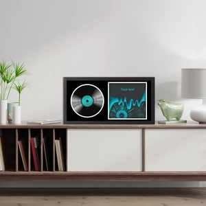 Black rectangular wall-mounted vinyl record frame with custom musical illustration panel