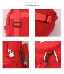 Detail view of red canvas kids backpack featuring adjustable straps and mesh side pockets
