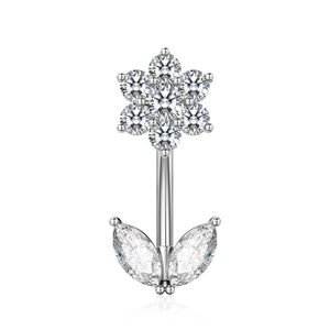 Silver flower belly ring with clear cubic zirconia petals and marquise leaf design