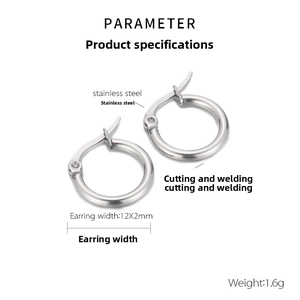 Macro view of 12x2mm silver stainless steel hoop earrings showing technical dimensions