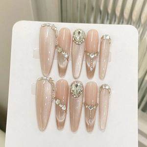 Handmade Press On Nails Luxury Long Stiletto Cat Eye Effect Sparkling Rhinestones Elegant Champagne Pink For Women
