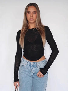 Sexy black off-shoulder long sleeve mesh crop top with sheer texture and slim fit design
