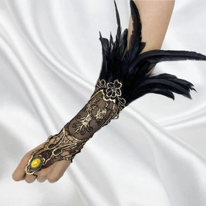 Vintage Lace Feather Arm Warmers Gothic Fingerless Gloves With Finger Ring Faux Gems Halloween Party Costume Accessory